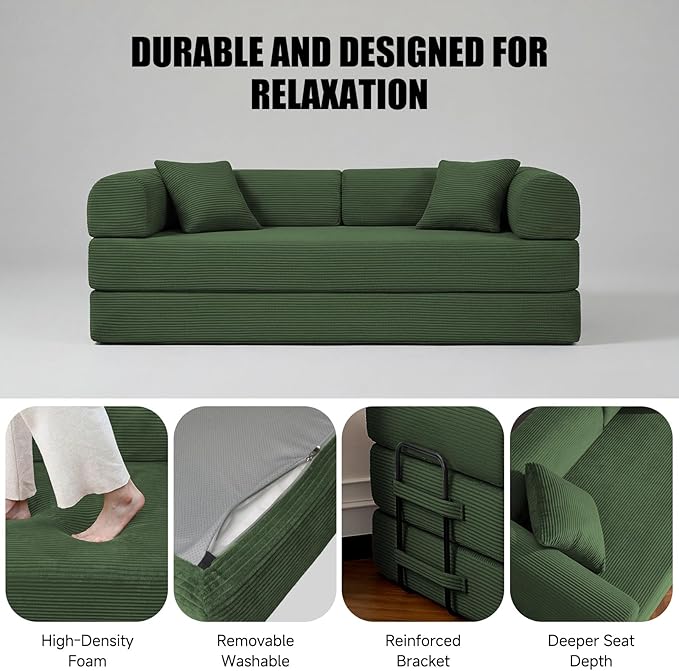 79" Compressed Sofa, Convertible Sofa Bed, Corduroy Compression Boneless Couch with Pillow, Comfy Modular Foldable Floor Sleeper Sofa for Bedroom, Living Room, Lounge, Studio (Olive Green)