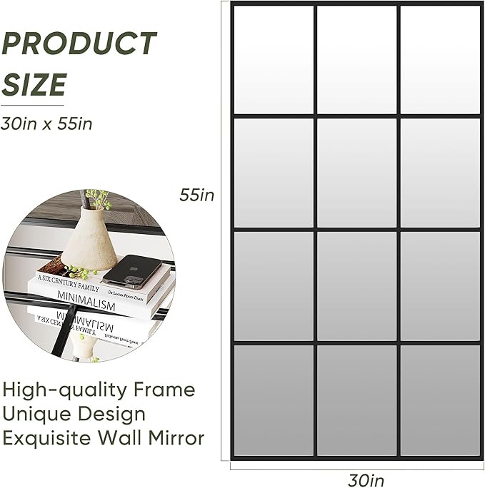 Suidia Wall Mirror, 30" x 55" Window Decorative Mirrors, Metal Framed Wall Decor Wall-Mounted Mirrors for Bedroom, Living Room, Entryway, Black
