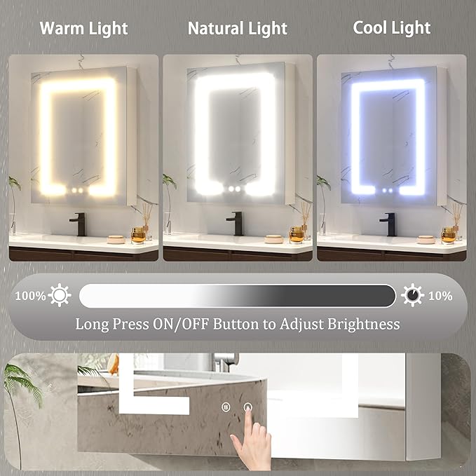 DEYGIA LED Medicine Cabinet with Mirror for Bathroom, Assembly-Free Lighted Medicine Cabinet, Defog, Stepless Dimming, 3 Colors, 2 Outlets, 2USB, Aluminum Wall Mounted Mirrored Cabinets, 24”Wx30“H