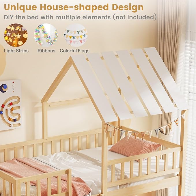 Giantex Twin Over Twin House Bunk Bed, Low Loft Bed Frame with Roof, Wood Bunk Bed with Ladder & Full-Length Guardrails, Twin Floor Bed for Kids Teens Boys Girls, No Box Spring Needed (Natural)