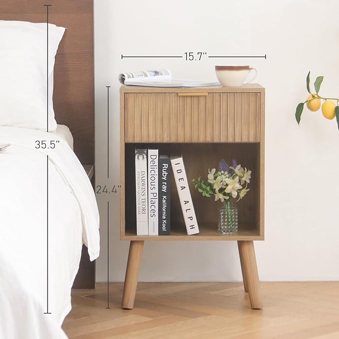 Fultyle Night Stand with Drawer, Mid Century Nightstand with Storage, Modern Fluted Bedside Table Bedroom Living Room for Small Space, Office (Rustic Walnut)