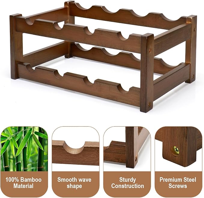 Bamboo Wine Rack, 2-Tier 8 Bottles Wine Storage Cabinet Shelf, Easy-Assembly Freestanding Bamboo Wine Racks Countertop for Kitchen Pantry Dining Room Bar, Walnut