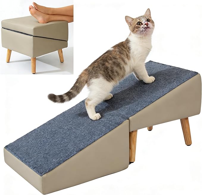Foldable Dog Ramp Split Ottoman Outdoor seat footrest Stool Couch Sofa Furniture Car RV Side Door, Small Medium Senior Injured cat pet (Light Gray, Ramp 13.5" H x 32" L x 16" W (Ottoman: 16in Cube))