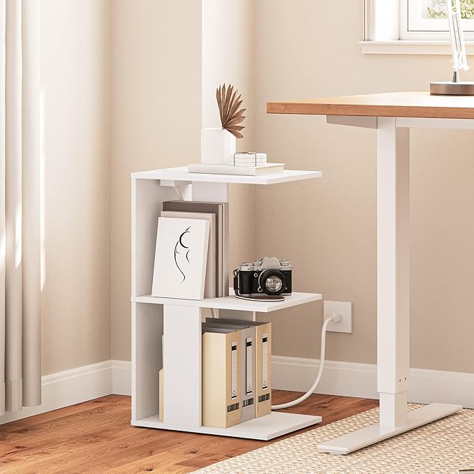 MAHANCRIS End Table with Charging Station, C-Shaped Narrow Side Table with LED Light, White Nightstand with Storage, Narrow Bedside Table for Small Spaces, End Tables Living Room, Bedroom, ETWT18E01Z