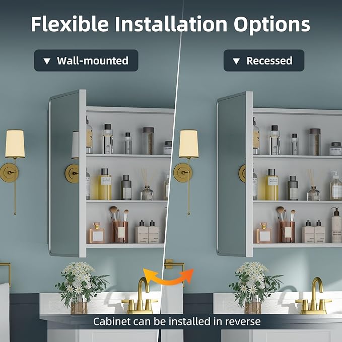 Bathroom Medicine Cabinet with Mirror 24x30Inch, Silver Medicine Cabinet Recessed or Surface Wall-Mounted, Mirrored Cabinets with Sturdy Metal Adjustable Shelves for Bathroom Vanity