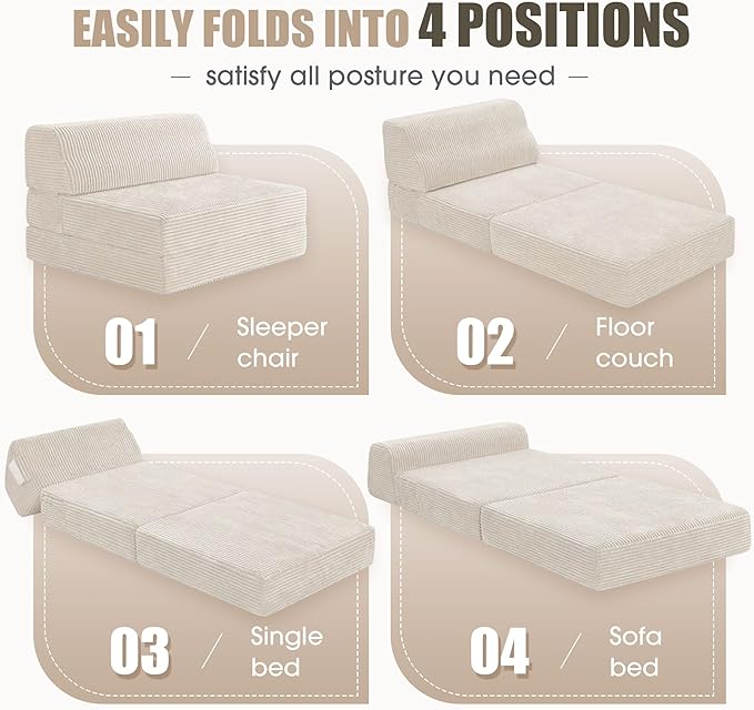Kasunpul Folding Sofa Bed with Pillow, Memory Foam Fold Out Chair Bed, Convertible Sleeper Chair with Washable Cover, Futon Floor Couch for Living Room/Dorm/Guest Use/Home Office/Apartment, Beige