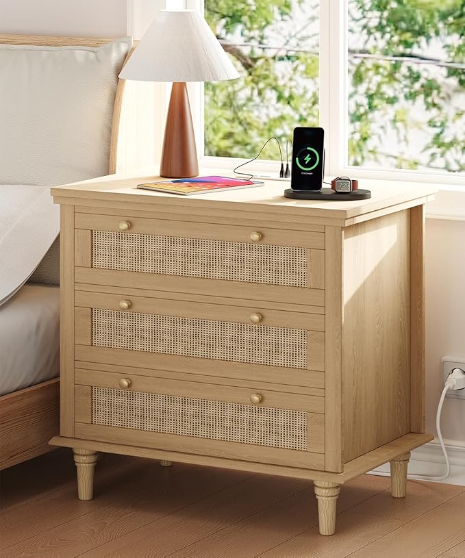 Keehusux 27.6" W Rattan Nightstand with 3 Drawers, Large Night Stand with Charging Station, Boho Bedside Table with Round Handles, Wooden End Table for Bedroom, Natural Oak