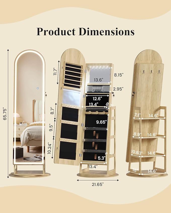 LVSOMT LED Mirror Jewelry Cabinet Standing, Lockable Jewelry Armoire with Arched Full-Length Mirror and Adjustable LED Lights, Space-Saving Jewelry Organizer with Mirror(LED Wood)