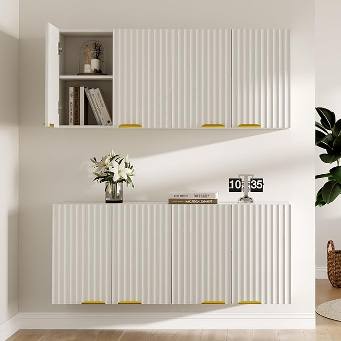 ChooChoo 4 Doors Wall Cabinet Laundry Room, Bathroom Wall Cabinet with Adjustable Shelf, Fluted Wall-Mounted Medicine Cabinet, Storage Cabinet for Kitchen, Garage, White
