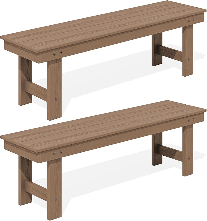 SERWALL 2-Person Outdoor Bench Backless, HDPE Outdoor Benches Weatherproof, 660 Lbs Weight Capacity, Poly Lumber Patio Furniture for Garden, Porch and Park, Brown, 2 Pack