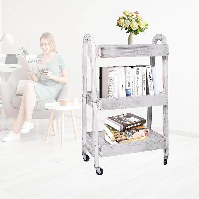 3-Tier Wooden Rolling Cart- Wooden Utility Cart wit Wheels- Utility Rolling Cart-Storage Trolley Organizer- Rolling Kitchen Serving Cart for Office,Kitchen, Kids' Room (Retro White)