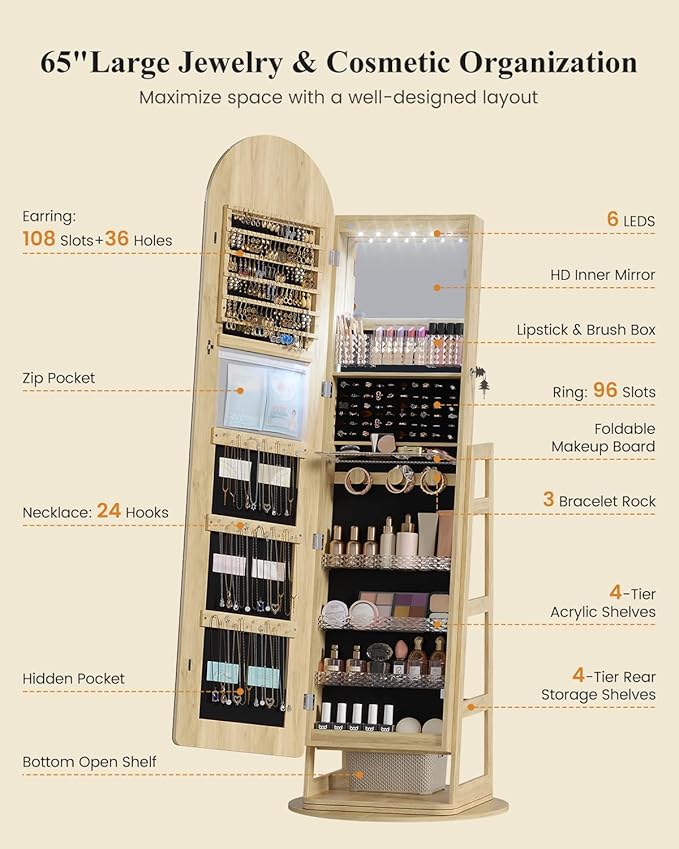 LVSOMT LED Mirror Jewelry Cabinet Standing, Lockable Jewelry Armoire with Arched Full-Length Mirror and Adjustable LED Lights, Space-Saving Jewelry Organizer with Mirror(LED Wood)