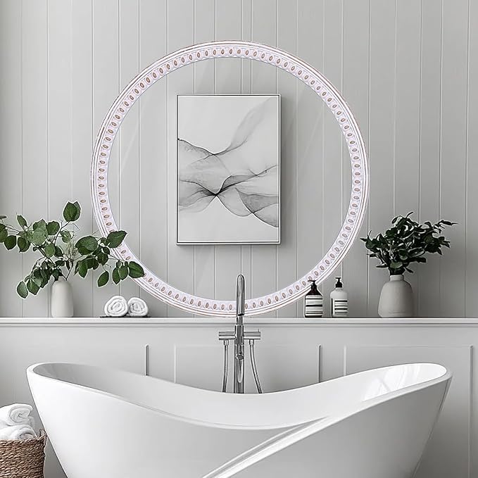 30 Inch Rustic Farmhouse Round Mirror for Wall Decor, Boho Wooden Decorative Circle Mirrors for Bathroom Over Sink, Entryway, Living Room& Bedroom