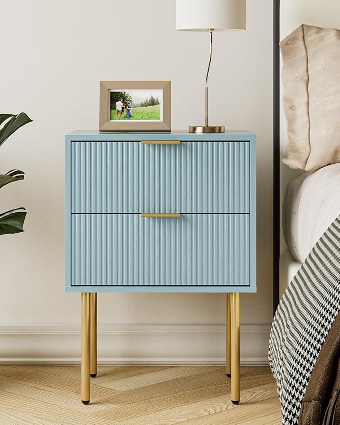 Aienvey Night Stand, Modern Nightstand with Drawers, Bedside Table, Gold Small Side Table for Bedroom, Living Room End Table (Blue Stripe, 2 Drawers)
