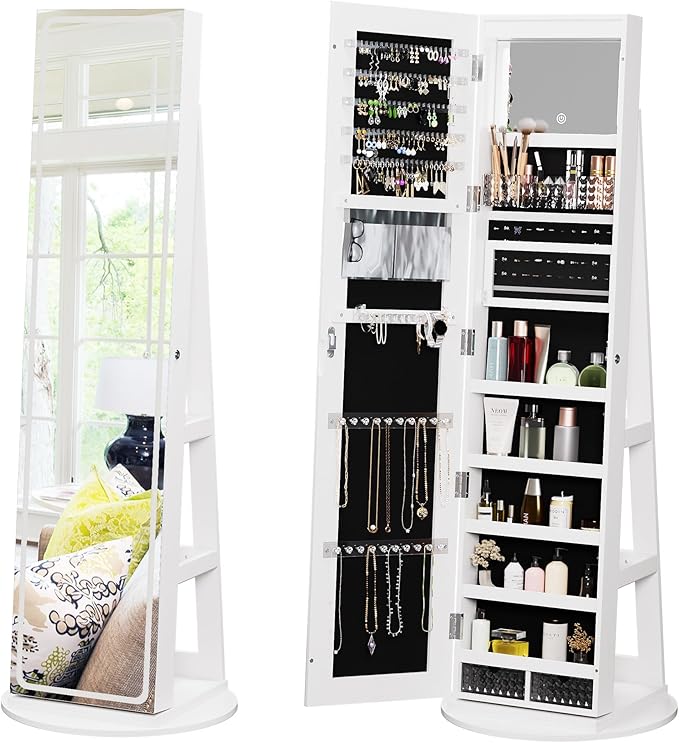 Zamildon's LED Mirror Jewelry Armoire, 360 Swivel Full Length Mirror Jewelry Cabinet, Freestanding Mirrored Jewelry Organizer with Interior LED Lights & Storage Shelves, White
