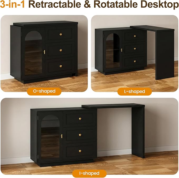 RoyalCraft 59" Makeup Vanity Desk, Black Vanity Dresser, L Shaped Corner Vanity Table with 3 Drawer & 1 Door, Modern Extendable Dressing Table for Bedroom, Dressing Room, Small Space (Without Mirror)