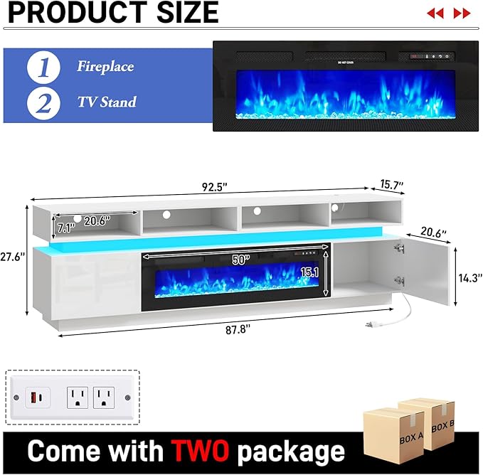 chartustriable Fireplace TV Stand for 100" TV, 93" LED Entertainment Center with 50" Fireplace & Power Outlets, High Gloss TV Stand, Gaming TV Media Console for Living Room, 93 Inch, White