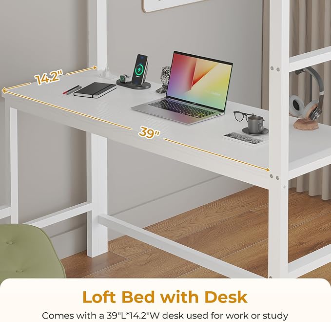 ADORNEVE Twin Size Loft Bed with Desk and 8 Storage Drawers, Metal Kids Loft Bed Twin with LED Lights & Charging Sation, Storage Shelves, 13.1" H Safety Guard & Ladder, No Box Spring Needed, White