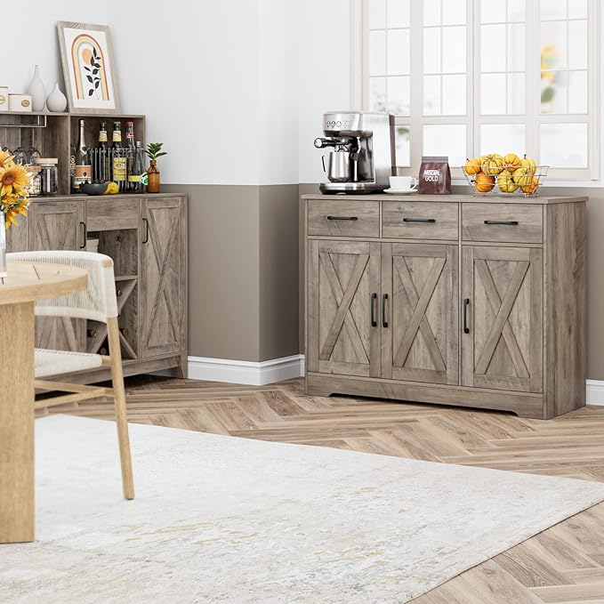 HOSTACK Modern Farmhouse Buffet Sideboard Cabinet, Barn Doors Storage Cabinet with Drawers and Shelves, Wood Coffee Bar with Storage for Dining Room, Kitchen, Living Room, Ash Grey