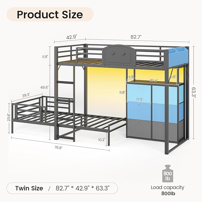 AOGLLATI Bunk Bed Twin Over Twin with 6 Storage Drawers for Kids Teens,Metal Led Loft Bed with Bedside Storage,Safety Guardrails for Small Space, No Box Spring Needed, Grey