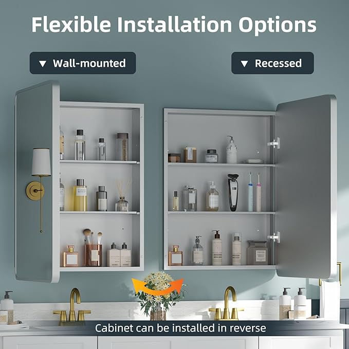 Medicine Cabinet 20 x 28 Inch, Silver Bathroom Medicine Cabinet with Mirror,Metal Beveled Mirror, Adjustable Shelves, Recessed or Wall Mount, Sturdy & Solid, Bathroom Mirror with Storage