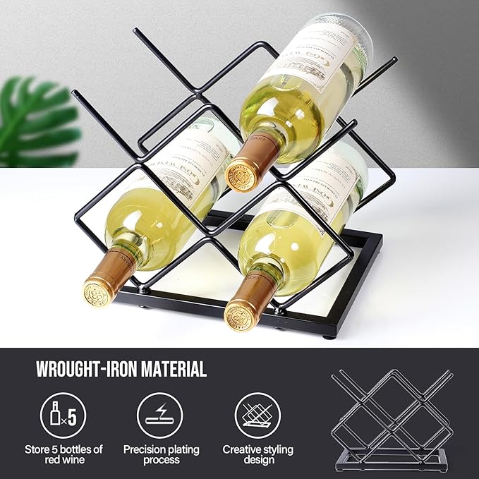 Countertop Wine Rack - 5 Bottle Freestanding Modern Gold Metal Small Wine Rack - Tabletop Wine Holder Stand for Cabinet, Pantry, Wine Bottle Storage