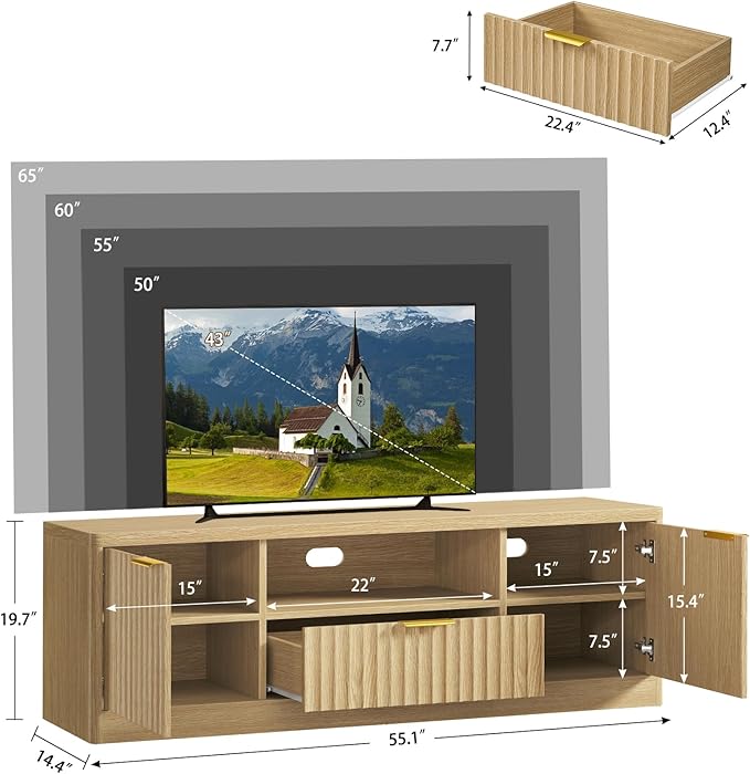 TEENFON 55" TV Stand for TVs Up to 60", Modern Fluted Entertainment Center with Drawer and Open Shelf, Media Console Table, TV Stands for Living Room, Nature Oak