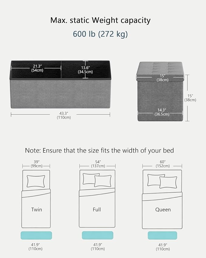 GLAXYFUR 43 Inches Folding Storage Ottoman Bench, Storage Chest, Footrest for Entryway, Living Room, Holds up to 660 lb, Light Grey