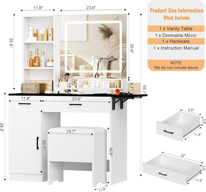 KAMABOKO Vanity Desk with Mirror, LED Lights and Power Outlet, Makeup Vanity Table with Cabinet and 2 Drawers, Dressing Table with Stools for Bedroom (Black)