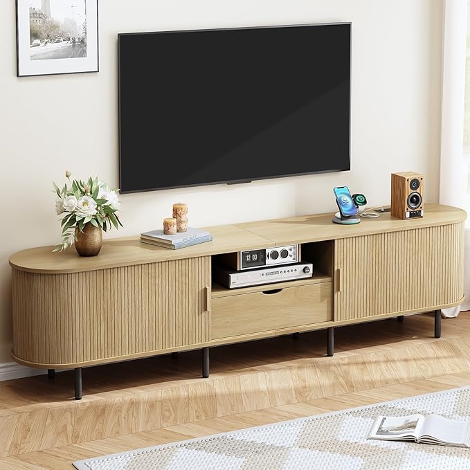 ONBRILL 86.6" TV Stand with Power Outlet for TVs up to 90", Entertainment Center with Storage and Drawer, TV Console with Adjustable Shelves and Sliding Door, TV Stand for Living Room, Bedroom, Oak