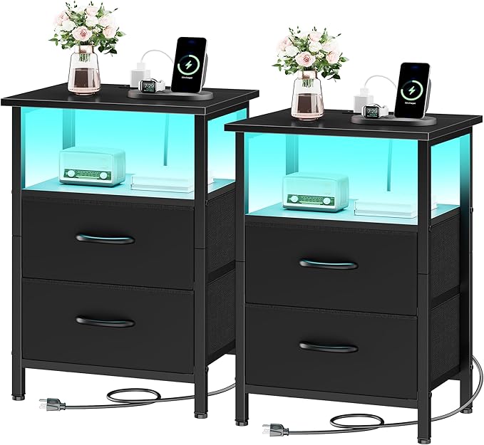 Vagusicc Nightstands Set of 2, Bedside Tables with Charging Station & LED Lights, Black Night Stands with 2 Fabric Drawers, End Table with Storage Shelf, 24.2" Tall Bed Side Table Set of 2 for bedroom