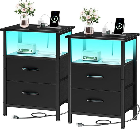 Vagusicc Nightstands Set of 2, Bedside Tables with Charging Station & LED Lights, Black Night Stands with 2 Fabric Drawers, End Table with Storage Shelf, 24.2" Tall Bed Side Table Set of 2 for bedroom