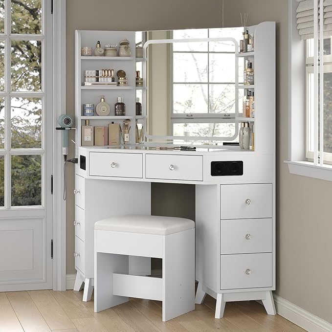 Yanosaku Corner Vanity Desk with Buil-in Speaker, 8 Drawers & 6 Shelves, Makeup Vanity with Glass Top, Modern Vanity with Mirror and Lights, 3 Color Lighting Modes, Dressing Table for Bedroom, White