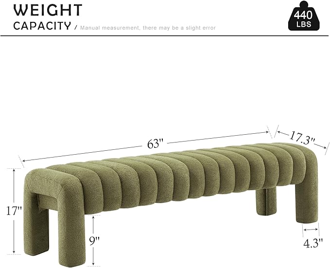 63” Dining Room Bench, Green Tufted Upholstered End of Bed Bench, Modern Entryway Ottoman Window Seat with Solid Wood Legs and Padded Seat for Bedroom, Hallway and Living Room (Boucle)