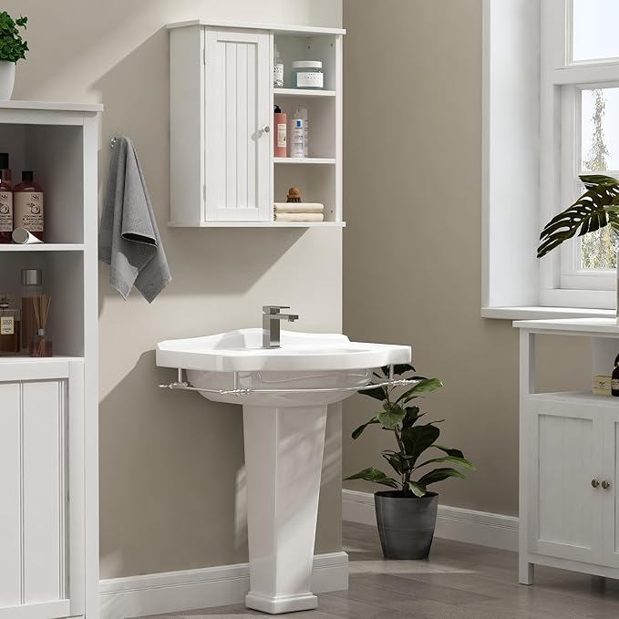 Treocho Bathroom Wall Cabinet, Medicine Cabinet with Door and 3 Open Shelves, Wall Mounted Storage Organizer for Bathroom, Kitchen, Living Room, White