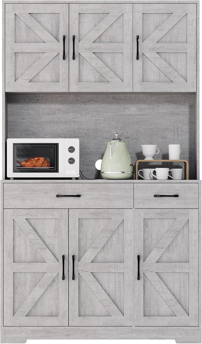 71" Kitchen Pantry Cabinet with Charging Station, Pantry Storage Cabinet Large Kitchen Hutch with Microwave Stand, Coffee Bar Station with Doors and Adjustable Shelves for Kitchen, Grey
