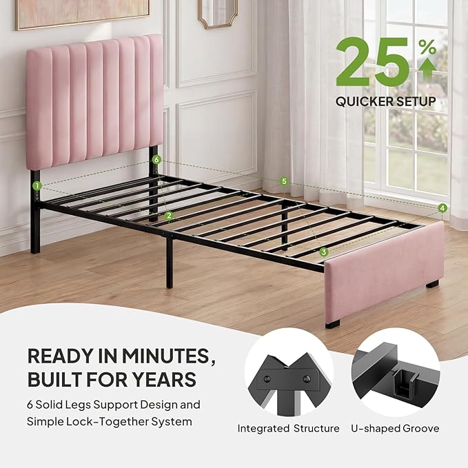 Welzona Upholstered Bed Frame Twin Size with Headboard for Kids, Velvet Fully Upholstered Metal Platform Bed with Vertical Channel Tufted Headboard, 3-Level Height, Metal Support, Easy Assembly, Pink