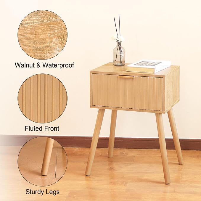 AWASEN Nightstand, Small End Tables Living Room, Accent Bedside Side Table with Fluted Drawer for Bedroom and Small Space, Rustic Walnut