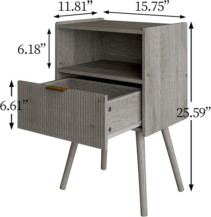 Veegle Nightstand,Modern Bedside Table with Storage Drawer and Open Wood Shelf, Accent Night Stand with Solid Wood Legs for Living Room, Bedroom and Small Spaces,Easy Assembly (Grey Oak)