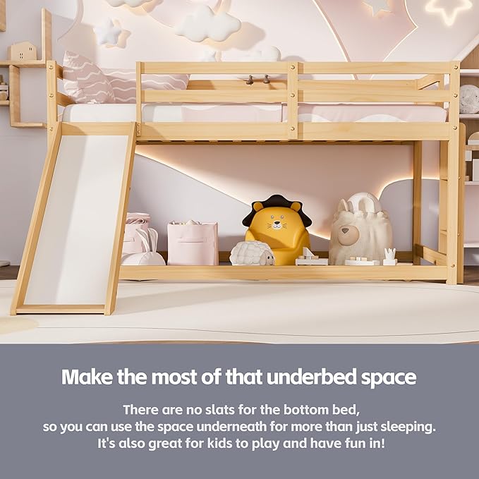 TOLEAD Low Bunk Bed with Slide, Floor Loft Bed with Climbing Ladder, Wood Twin Bunk Bed Frame with Full Guardrails & Storage Space for Kids Toddler