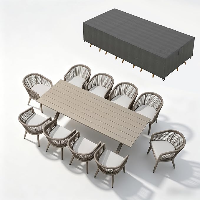 PURPLE LEAF Outdoor Dining Set with Waterproof Furniture Cover 11-Piece All-Weather Patio Set for 10 with Champagne Aluminum Table Rope Weave Chairs and Cushions, Champagne