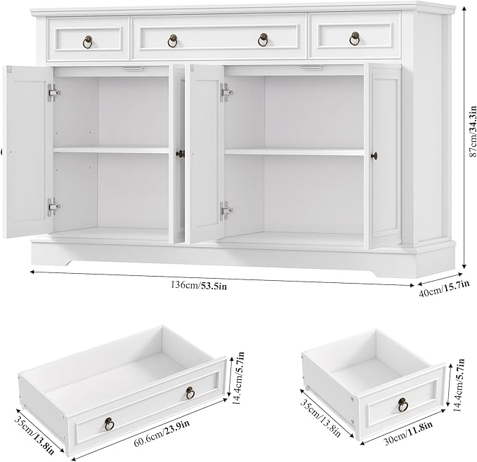 FINETONES Buffet Cabinet with Storage, 52.7" Large Sideboard Buffet Cabinet, White Kitchen Cabinet with 3 Drawers and 4 Doors, Wood Coffee Bar for Kitchen Dining Room, White