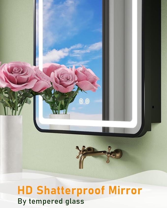 16x24 Inch LED Medicine Cabinet Mirror, Bathroom Mirror with Lights and Storage Wall Mounted & Recessed with Anti-Fog, Dimmable 3 Color Light with Memory, 2 Shelves & 1 Organizer Box, Left Hinge