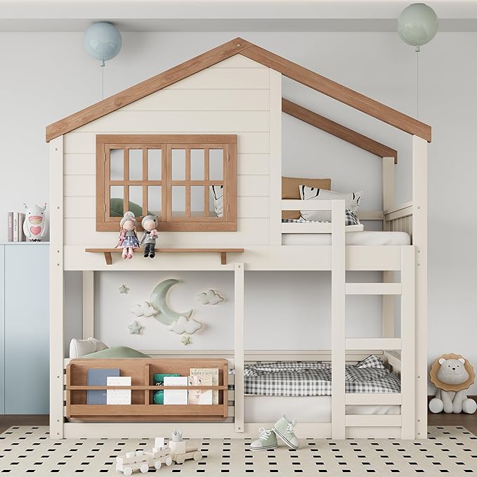 Twin Size House Bunk Bed Frame with Storage Bookshelf, Window, Wooden Floor Bunk Bed with Fences, Space Saving for Kids Adults, No Noise, Beige