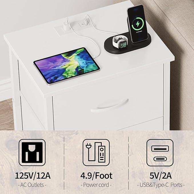 Vagusicc Nightstand Set of 2 with Charging Station, End Table Bedside Table with Power Outlet & USB Ports, Side Table with 2 Fabric Drawers for Bedroom, Living Room, White