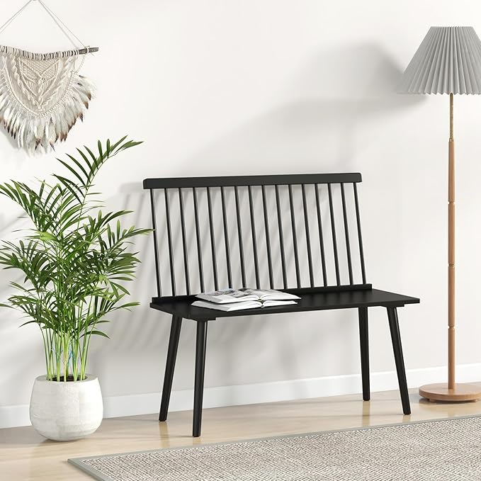 Giantex Dining Bench with Back, Black Windsor Bench with Spindle Back & Anti-Slip Foot Pads, Farmhouse Rubber Wood Dining Bench, Indoor Wooden Entryway Bench for Living Room, Dining Room, Hallway