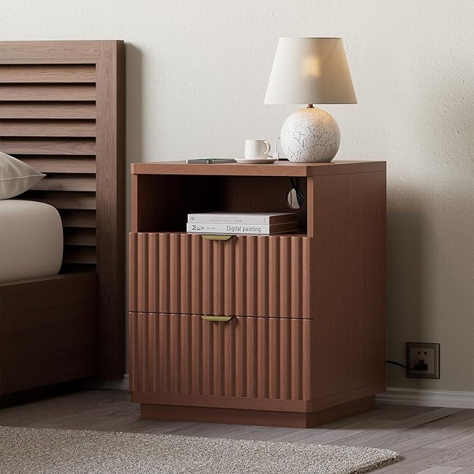 Nightstand with Charging Station, Night Stand with Open Shelf and 2 Drawers for Bedroom, Side Table Bedside Table with USB Ports & Outlets, Small Nightstand End Table (Walmut)