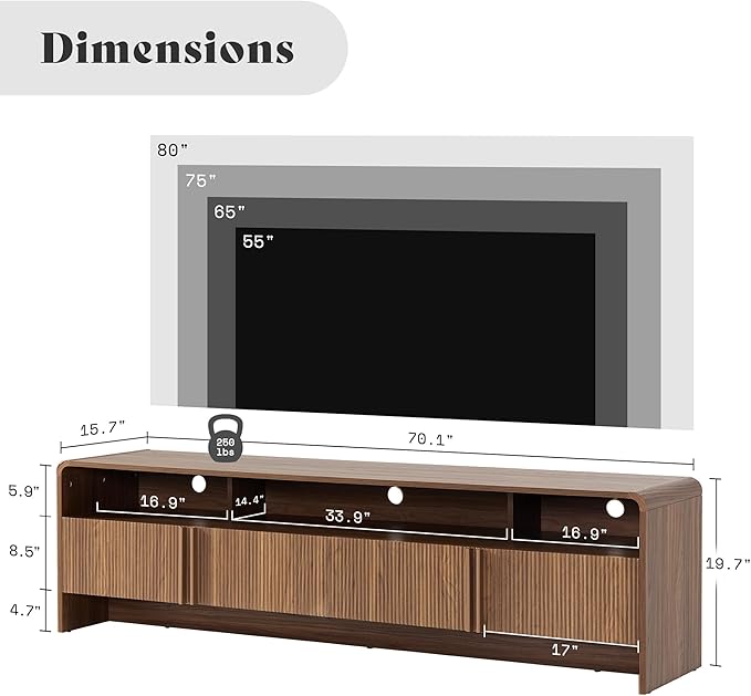 AMERLIFE 70" Fluted Wood TV Stand for TVs up to 80", Media Console Entertainment Center with Storage Cabinets for Living Room, Brown