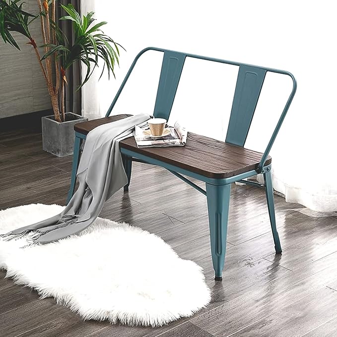 YOLENY Dining Bench, Entryway Bench with Back, Farmhouse Metal Dining Bench, Industrial Mid-Century 3 Person Rustic Spindle Bench, with Wood Seat, Removable Backrest, 42in, Blue