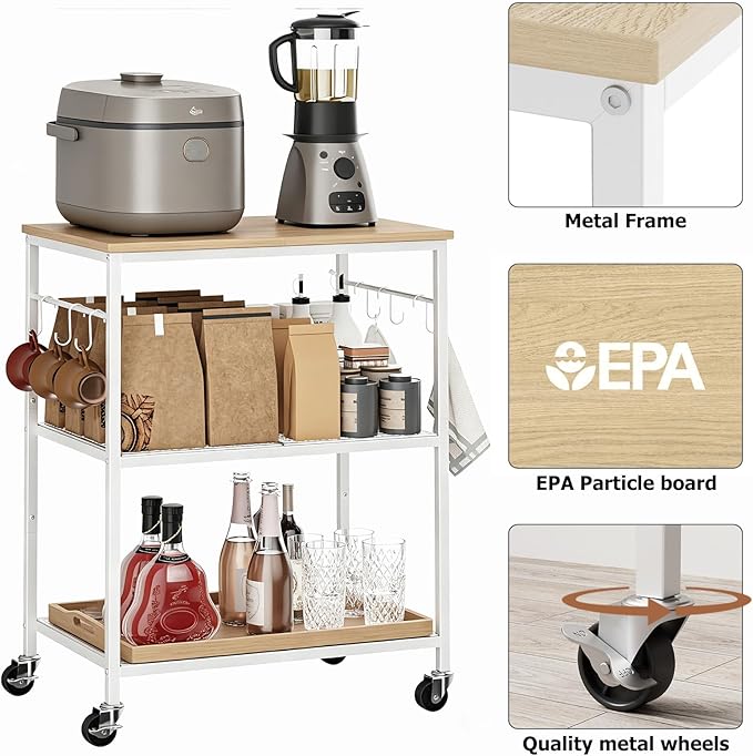 Homleke 3-Tier Rolling Kitchen Microwave Cart, Kitchen Utility Cart on Lockable Wheels, Coffee Bar Table Station with 6 S-Shaped Hooks, Small Appliance Storage Shelf, White and Natural